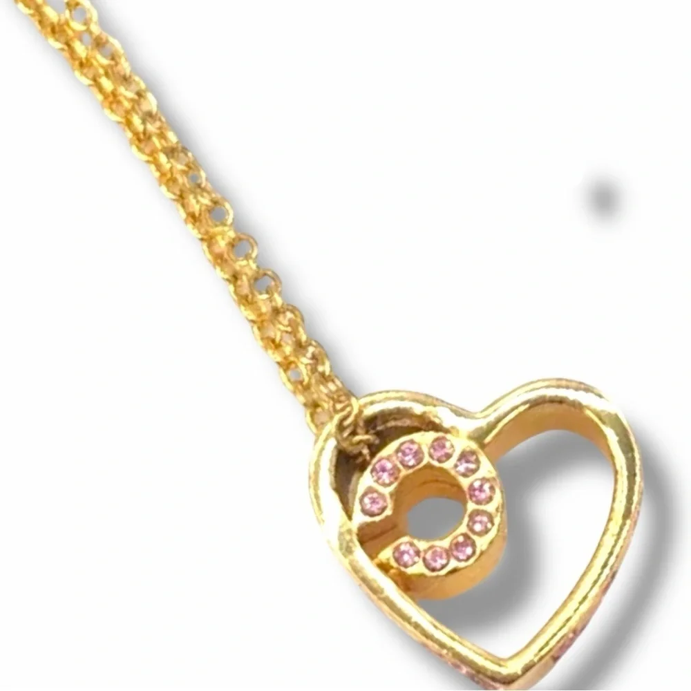 ✨ Coach Gold Tone Heart Necklace Pink Crystal Signature C Pendant ✨ - Picture 2 of 8